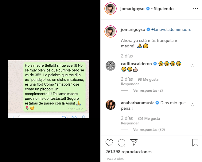 “Ahora ya está más tranquila mi madre”, comentó Jomari en Instagram en la publicación donde compartió la respuesta que le ofreció a Marijosé.
