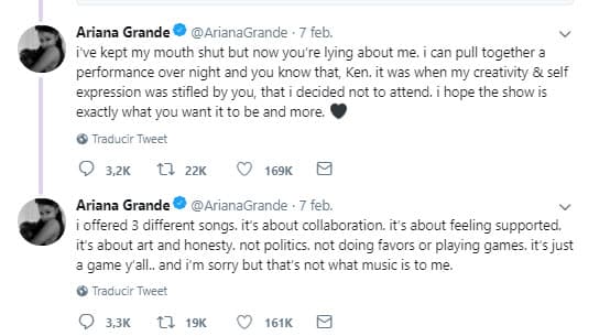 Además, la artista no se quedó callada y respondió en Twitter: "He mantenido la boca cerrada pero ahora estás diciendo mentiras sobre mí. Puedo montar una actuación en una noche y lo sabes, Ken. Fue cuando mi creatividad y expresión propia fueron ahogadas por ti que decidí no asistir. Espero que el show sea exactamente lo que querías que fuese y más".
<br>