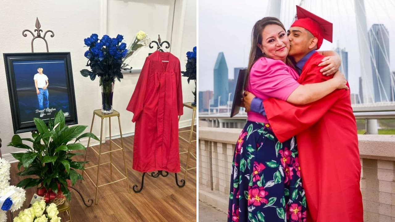 La madre de Daniel Cojulum Villanueva compartió una foto junto a su hijo celebrando su graduación, y otra donde se ve su toga junto a una fotografía de él tras su muerte.