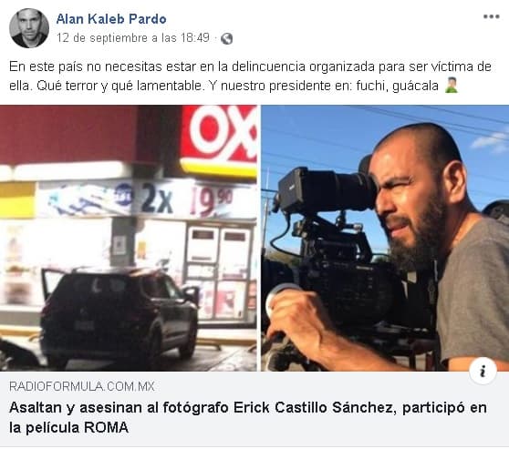 "En este país 
<b>no necesitas estar en la delincuencia organizada</b> para ser víctima de ella. Qué terror y qué lamentable. Y nuestro presidente en 'fuchi, guácala'", escribió Pardo junto a la nota periodística sobre la muerte del fotógrafo.