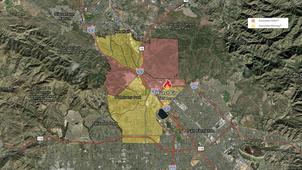<b>Incendio Hurst</b>
<br>Las llamas fueron reportadas por primera vez alrededor de las 10:30 PM del martes 7 de enero cerca de Diamond Road, en el área de Sylmar. El incendio
<b>ya ha devastado 700 acres de terreno</b>, por lo que tres zonas cercanas al incidente están bajo órdenes de evacuación. No se reportan daños a estructuras o personas heridas.
<br>
<br>
<b>Centros de evacuación:</b>
<br>- Ritchie Valens Recreation Center
<br>10736 Laurel Canyon Blvd., Pacoima.