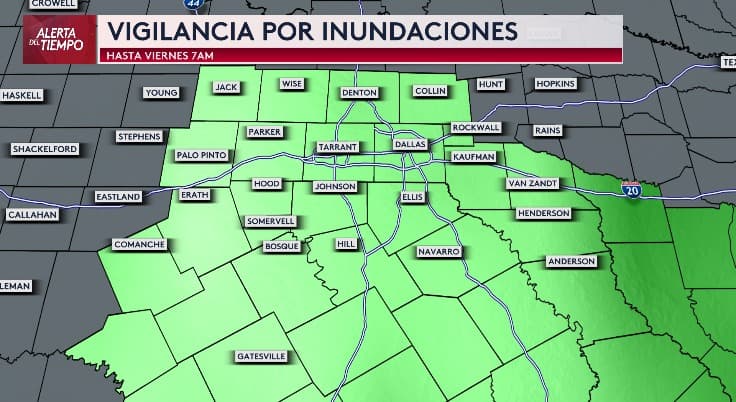 Tenemos Vigilancia por Inundaciones para gran parte del norte de Texas hasta el viernes a las 7am.