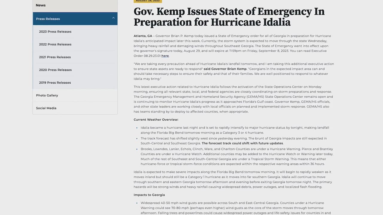 Emiten estado de emergencia para todo Georgia por la llegada de Idalia