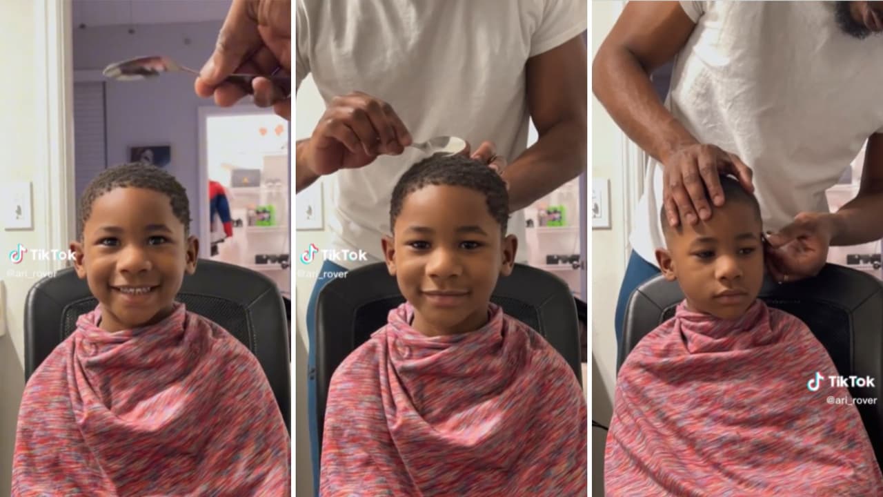 Papá le corta el cabello a su hijo con una cuchara