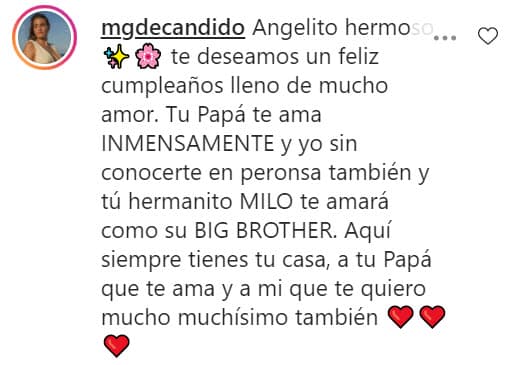 <b>María Gabriela Rodríguez</b>, pareja actual de Fernando y quien pronto dará a luz al segundo hijo del actor, aprovechó para enviarle un mensaje a Ángel Gabriel y reiterarle que lo 
<b>"quiere muchísimo"</b>, aún sin conocerlo.
<br>