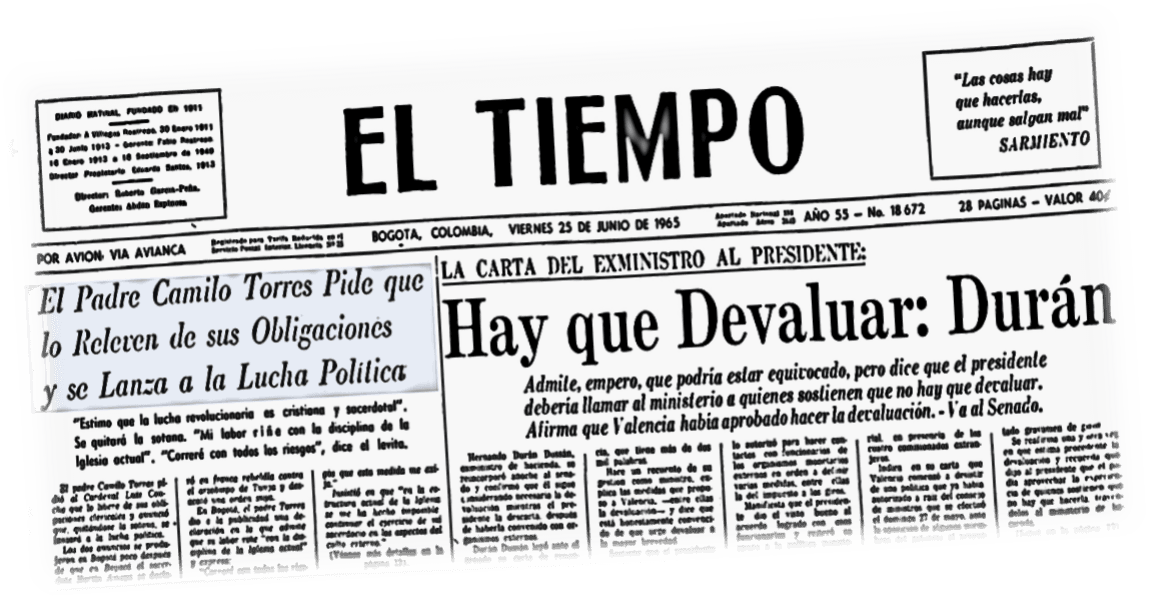 Portada del diario El Tiempo del 25 de junio de 1965.