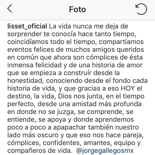 Fue a través de Instagram que la también cantante expresó la felicidad que siente por haber iniciado un noviazgo con Jorge Gallegos.