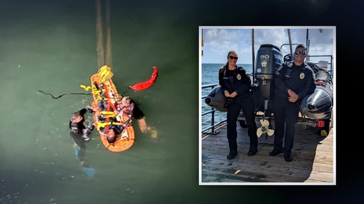 Pareja de policías rescató a un sujeto a punto de ahogarse en el muelle de Santa Mónica