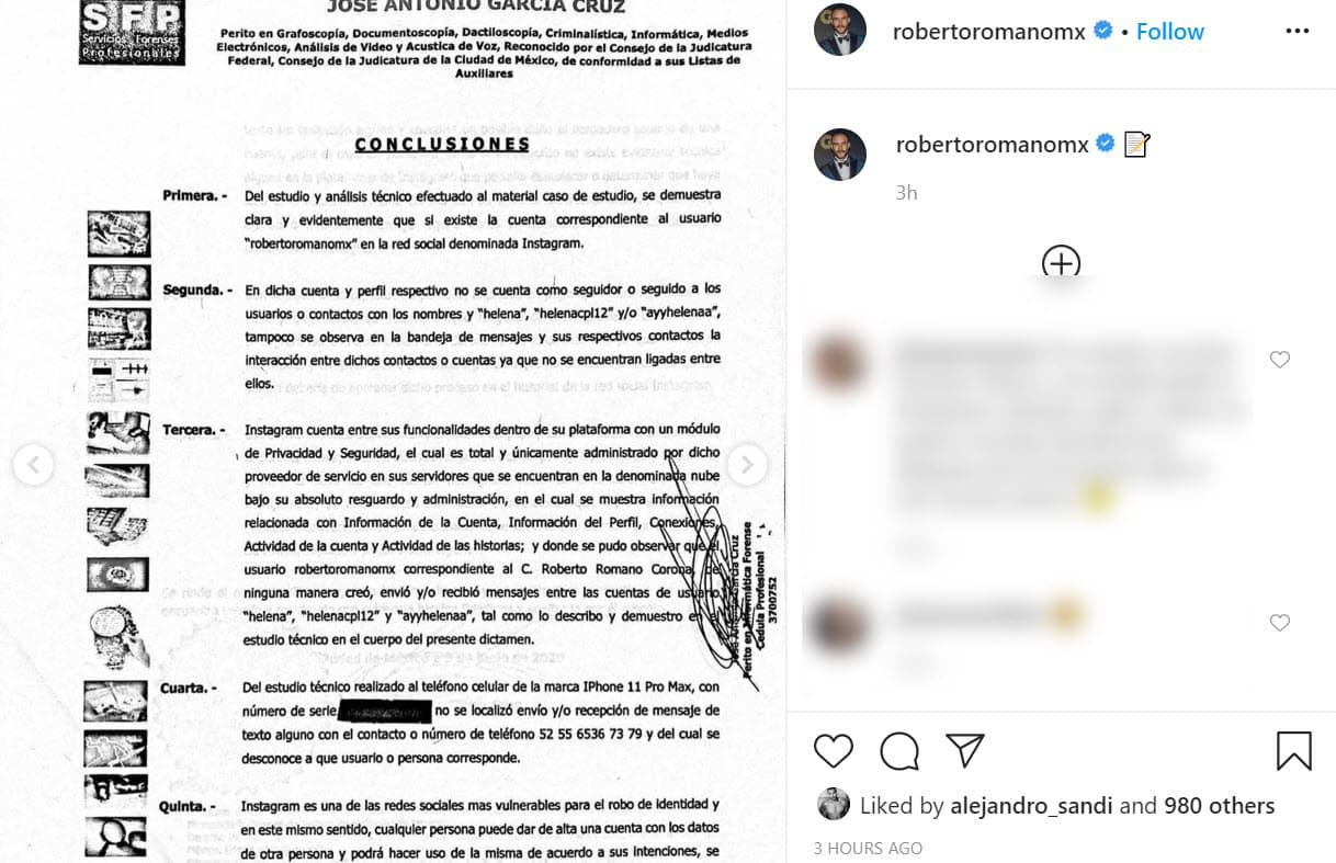 Cuando estalló el caso ante los medios de comunicación, se dio a conocer que existía un proceso legal en contra del actor. El 11 de junio, publicó en Instagram
<b><a href="https://www.univision.com/famosos/roberto-romano-presenta-estudio-pericial-para-defenderse-de-acusaciones-por-supuestos-mensajes-misoginos-y-racistas-fotos" target="_blank">un dictamen pericial solicitado por él</a></b> y realizado por la empresa Servicios Forenses Profesionales que asegura estar avalada por el Consejo de la Judicatura Federal.
<br>