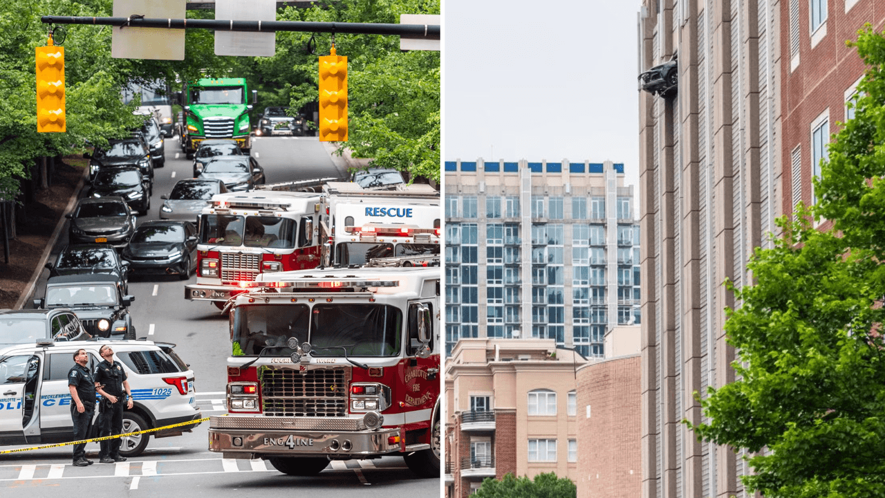 Camaro queda “colgando” del sexto piso de un edificio en Carolina del Norte