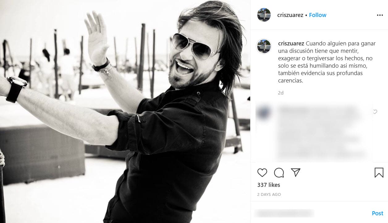 El pasado 23 de abril Cristian Zuárez compartió esta fotografía en Instagram con un mensaje que, aunque no tiene nombre, parece tener un destinatario.
<br>
