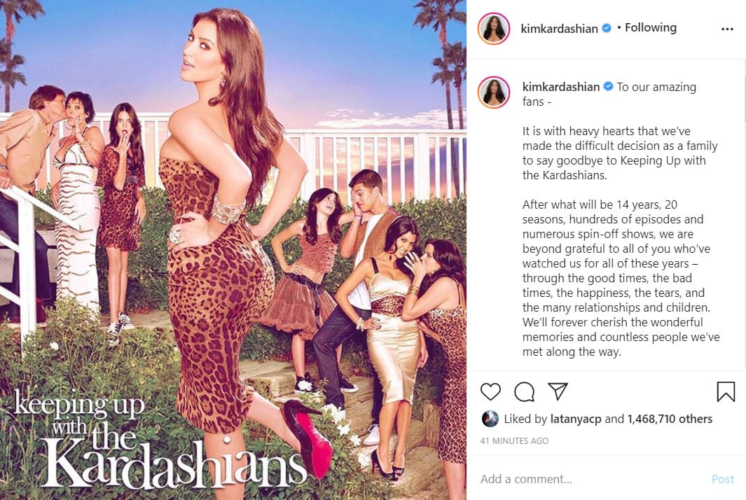Tras 20 temporadas y 14 años al aire, 'Keeping up with the Kardashians' llegará a su fin el próximo 2021, así lo comunicó Kim Kardashian a través de su cuenta de Instagram el pasado 8 de septiembre.