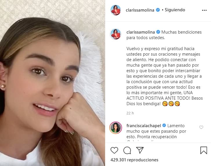 La exreina de NBL 2016 ha estado activa en sus redes sociales para mantener al tanto a sus seguidores de cómo va en su lucha en contra del covid-19. En el video de agradecimiento a las personas que piden por su salud en oraciones les dedicó unas lindas palabras y señaló tener actitud positiva ante esta situación.