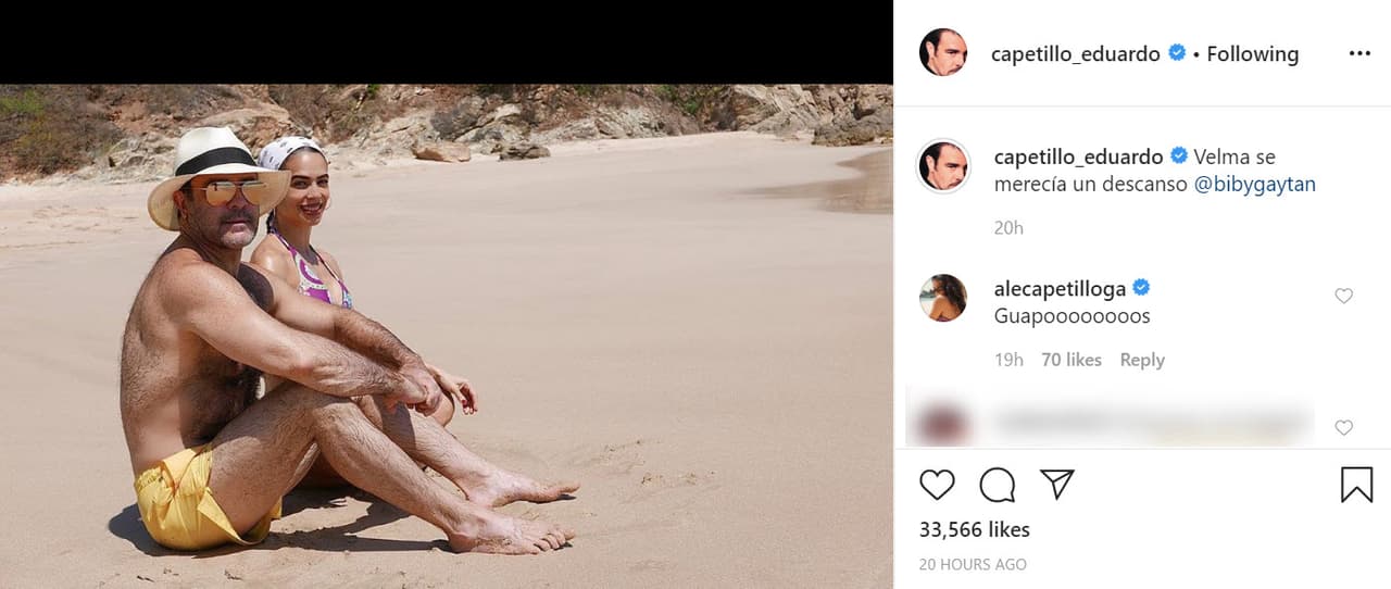 Un día después, el esposo de la actriz publicó 
<b><a href="https://www.instagram.com/p/B9FajN3FSpc/" target="_blank">una nueva foto </a></b>con ella. 
<b>"Velma se merecía un descanso"</b>, escribió en referencia al personaje que ella interpreta en 'Chicago, el musical', obra que marcó el 
<b><a href="https://www.univision.com/famosos/biby-gaytan-regresa-a-la-actuacion-tras-10-anos-de-ausencia-con-un-papel-protagonico-fotos" target="_blank">regreso de Gaytán</a></b> a los escenarios después de 10 años de retiro de la actuación. 
<br>