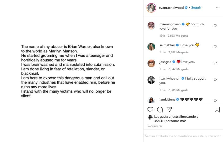La activista recibió apoyo de celebridades como Selma Blair, Kat Dennings, Anna Paquin, Melissa Benoist, Christina Ricci. Entre los likes y comentarios que se pueden ver en la publicación, destaca el de Rose McGowan, quien escribió: "Mucho amor para ti".