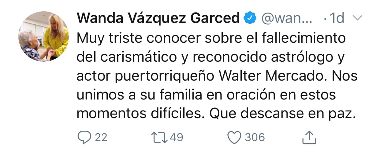 "
<b>Muy triste </b>conocer sobre el fallecimiento del carismático y reconocido astrólogo y actor puertorriqueño Walter Mercado. Nos unimos a su familia en oración en estos momentos difíciles", escribió Vázquez en
<a href="https://twitter.com/wandavazquezg?ref_src=twsrc%5Egoogle%7Ctwcamp%5Eserp%7Ctwgr%5Eauthor"> <b>Twitter.</b></a>