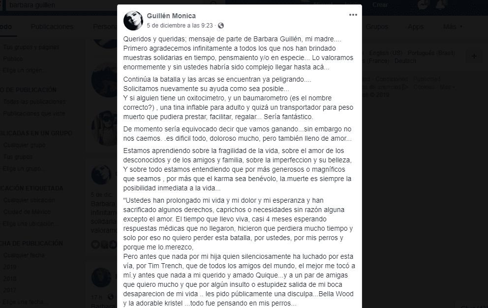 “Hicieron que perdiera mucho tiempo y solo por eso no quiero perder esta batalla, por ustedes, por mis perros y porque me lo merezco”, aseguró Bárbara a través del Facebook de su hija.