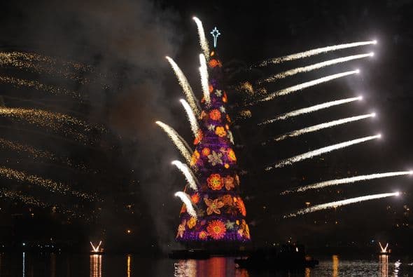 El árbol flotante de Navidad más grande del mundo se iluminó en la Laguna Rodrigo de Freitas de Río de Janeiro.