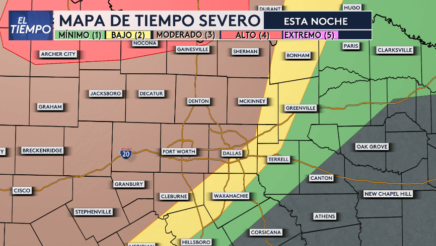 El riesgo de tiempo severo incrementa a moderado para gran parte del norte de Texas para esta noche de sábado.