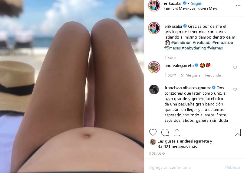 A través de redes sociales ha compartido 
<b>cómo luce su pancita</b> y su sentir ante su próxima maternidad. De hecho, fue a través de Instagram que el pasado 28 de abril 
<b><a href="https://www.univision.com/famosos/erika-zaba-integrante-de-ov7-anuncia-que-tiene-tres-meses-de-embarazo-fotos" target="_blank">dio a conocer que sería mamá</a></b>.