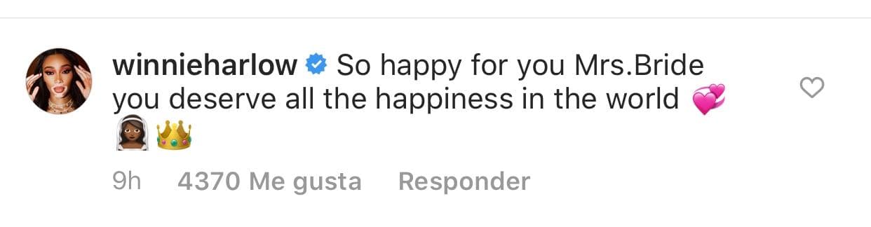 La modelo 
<b><a href="https://www.univision.com/famosos/winnie-harlow-la-modelo-que-llamo-la-atencion-fotos" target="_blank">Winnie Harlow</a></b> les escribió: "Estoy 
<b>muy feliz por ti, </b>señora novia. Mereces toda la felicidad del mundo".