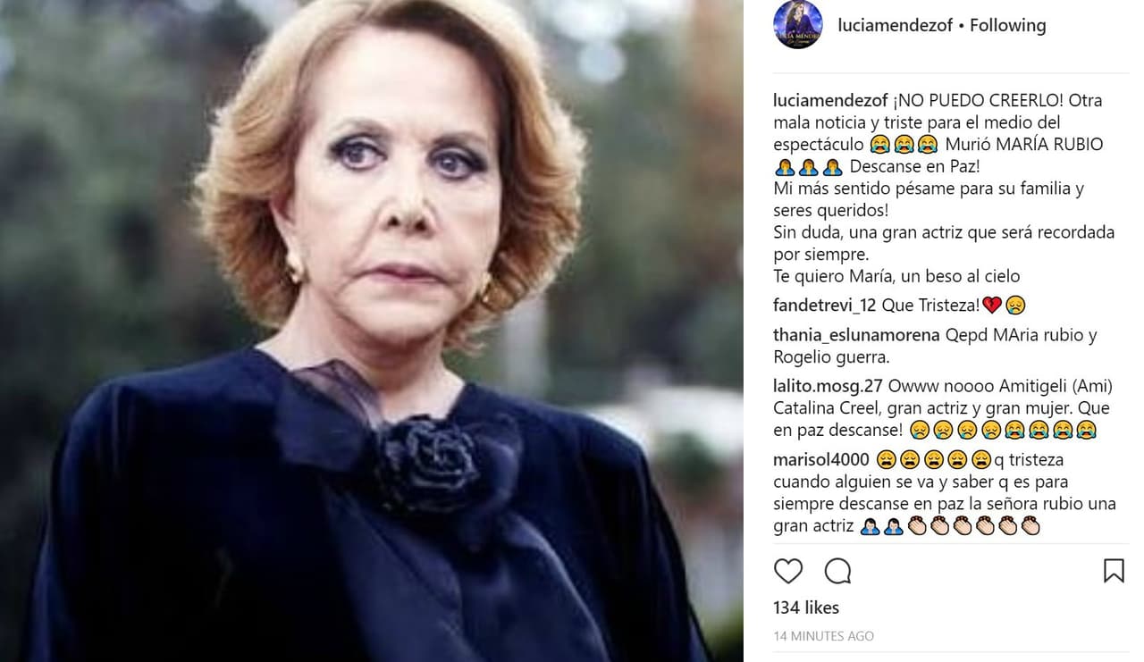 La actriz
<b>Lucía Mendéz </b>ofreció el pésame a la familia de María Rubio, quien murió este jueves, a los 83 años, en su residencia en Ciudad de México. Ambas artistas participaron en la novela
<b>'Colorina'</b>, que protagonizó Méndez y donde la fallecida actriz encarnó a Ami, una ama de llaves.