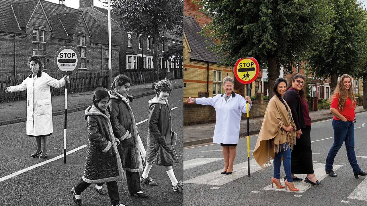 Ahmad, Malik y Porter fueron retratadas en 1984 cuando cruzaban la calle hacia la escuela protegidas por Stella. Luego de mucho empeño y algo de suerte, el fotógrafo pudo lograr que las las mujeres se reencontraran en el mismo lugar casi cuatro décadas después, en septiembre de 2020.
<br>
<br>Cuando era un jóven aficionado a la fotografía, el paramédico Chris Porsz se interesó por retratar las calles, edificios y personas de su ciudad, Peterborough, Reino Unido. A partir de 2009 comenzó a encontrar a cientos de personajes que había fotografiado hacía 40 años, y a muchos convenció de que
<u><a href="https://www.peterboroughtoday.co.uk/news/people/peterborough-photographer-chris-porsz-publishes-more-remarkable-pictures-of-reunions-3476013" target="_blank">posaran de nuevo para él</a></u>.