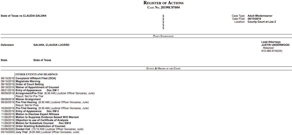 Luego de la audiencia de presentación, que se llevó a cabo el 25 de octubre de 2019, la defensa presentó una moción para "suprimir evidencia incautada sin una orden", según los récords de la corte de El Paso.
