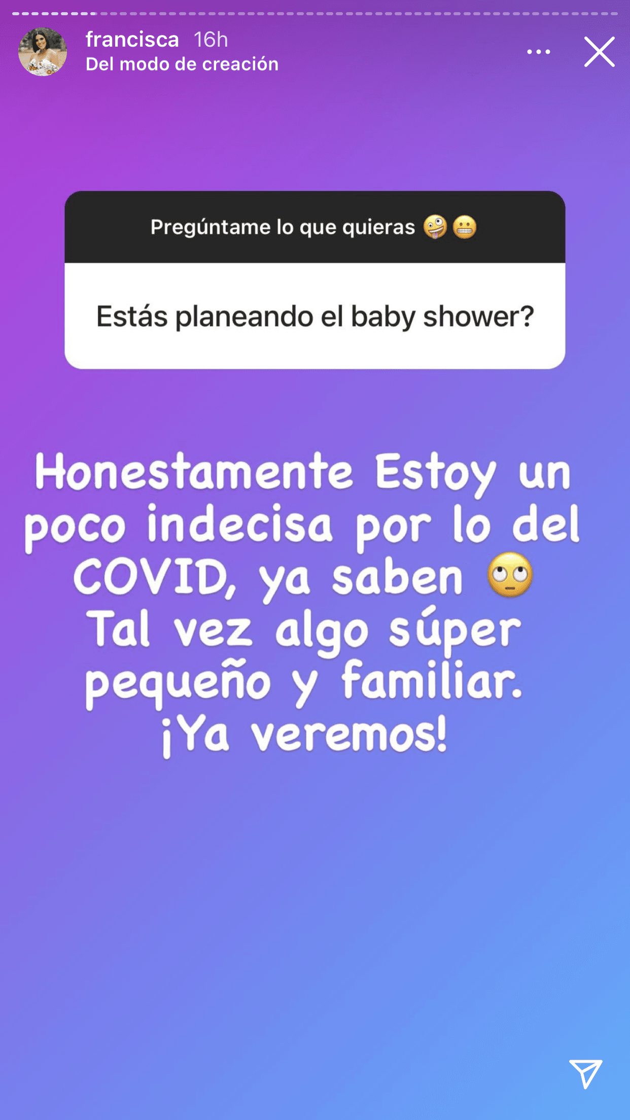 Aunque cada vez hay más personas vacunadas contra el covid-19, está "indecisa" 
<b><a href="https://www.univision.com/shows/despierta-america/francisca-lachapel-dice-que-va-a-tener-bebe-companeros-despierta-america" target="_blank">si debe planear un 'baby shower'</a></b>. Por ahora, cree que lo mejor será hacer algo "súper pequeño y familiar", pero nada está escrito aún. 
<br>