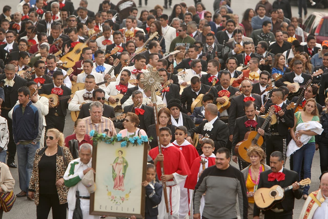 A Santa Cecilia se le representa así con algún tipo de instrumento, sobre todo cargando ya sea un pequeño organillo portátil o un laúd, y también sentada tocando frente a un órgano. Además, puede ser con su corona de martirio o rezando.