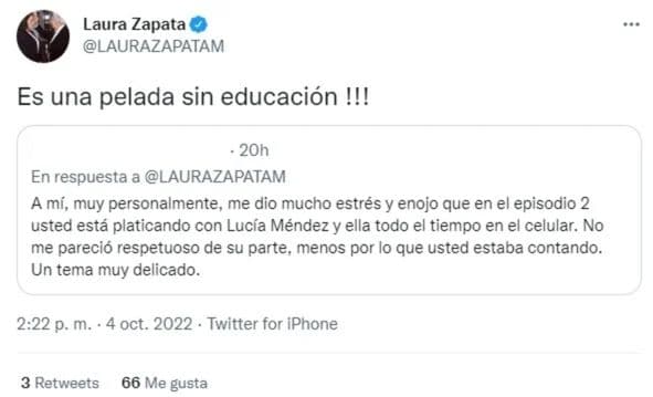 “¡Es una pelada sin educación!”, escribió Zapata en un tuit el pasado 4 de octubre.