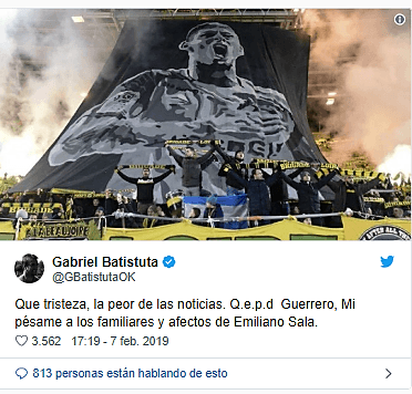 Un grande del balompié argentino, y figura internacional Gabriel Batistuta envió este conmovedor tuit.