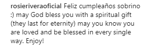 Rosie Rivera, hermana de 'La Diva de la Banda', felicitó a Lorenzo en esta misma publicación en la que se puede leer: "¡Feliz cumpleaños, sobrino! Que Dios te bendiga por toda la eternidad, que sepas que eres amado y bendecido [...]".