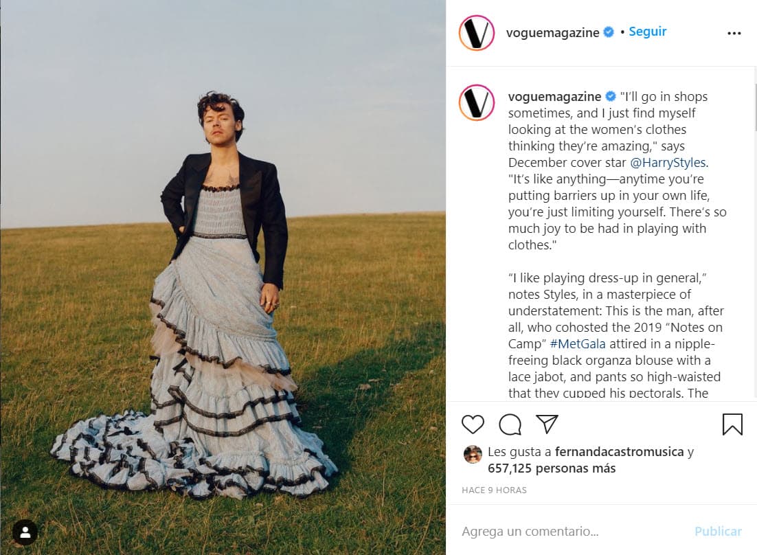 Sobre el tema de la ropa para mujer, Harry Styles comentó en la entrevista que ofreció a la revista Vogue: "Cuando quitas el 'hay ropa para hombres y hay ropa para mujeres' eliminas cualquier barrera".