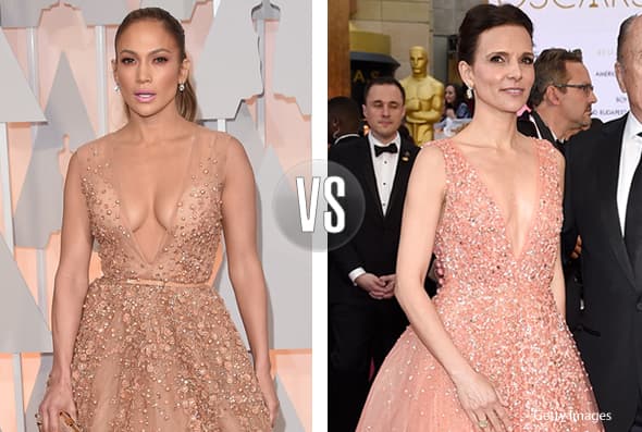 JLo y Luciana Pedraza lucieron un modelo idéntico en la entrega de los Premios Oscar. La única diferencia fue el color.