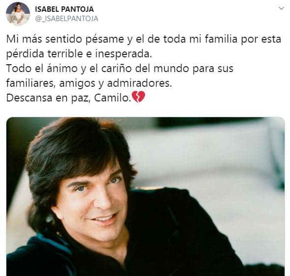 Asimismo, en su cuenta de Twitter,
<b><a href="https://www.univision.com/shows/despierta-america/isabel-pantoja-desolada-tras-la-muerte-de-su-gran-amigo-juan-gabriel-video"> Isabel Pantoja externó su pésame</a></b> para la familia de Camilo Sesto ante tan lamentable pérdida.