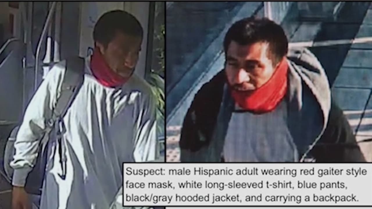 El LASD reveló imágenes del sospechoso quien fue solo descrito como un hispano que viajaba con una mochila y llevaba una pañoleta roja que cubría parte de su cara como si fuera un tapabocas.