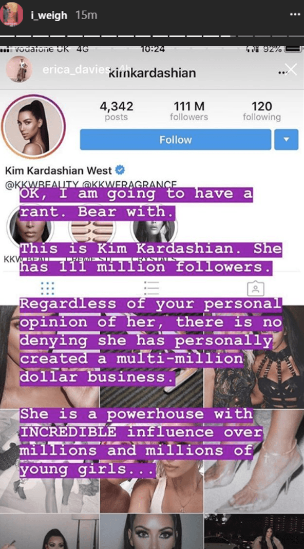 “Ella tiene 111 millones de seguidores” introdujo en un mensaje que compartió en la cuenta de Instagram “I Weigh” (Yo peso).