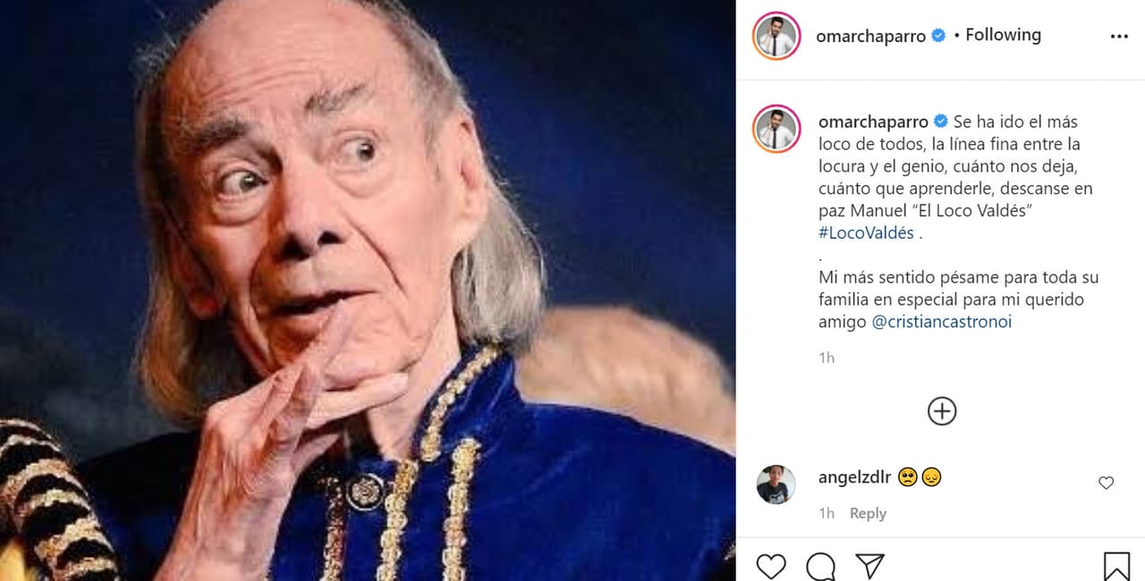 Omar Chaparro dijo en Instagram que "se ha ido el más loco de todos" y destacó "la línea fina entre la locura y el genio" que manejaba el actor: "Cuánto nos deja, cuánto que aprenderle, descanse en paz. Mi más sentido pésame para toda su familia, en especial para mi querido amigo Cristian Castro".