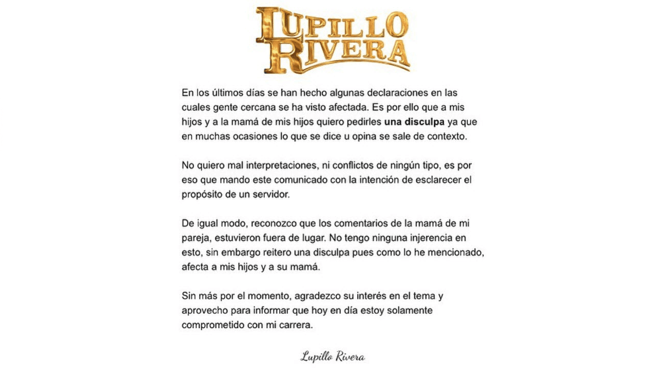 Lupillo Rivera publica comunicado de prensa.