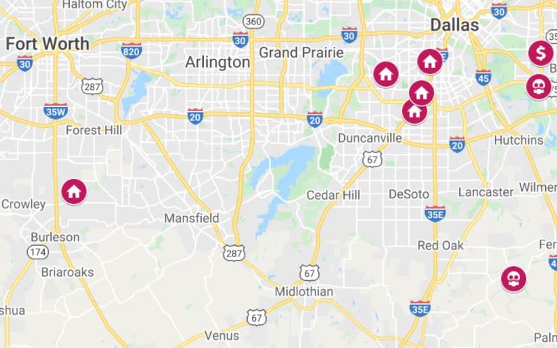 Mapa con las ubicaciones de las bodegas, laboratorios clandestinos y una tienda para el lavado de dinero que usó una célula del Cartel Jalisco Nueva Generación (CJNG).