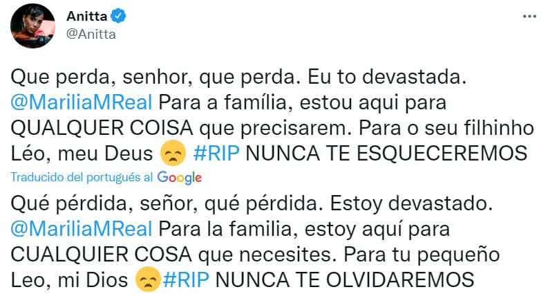 Anitta reacciona a la muerte de Marília Mendonça.