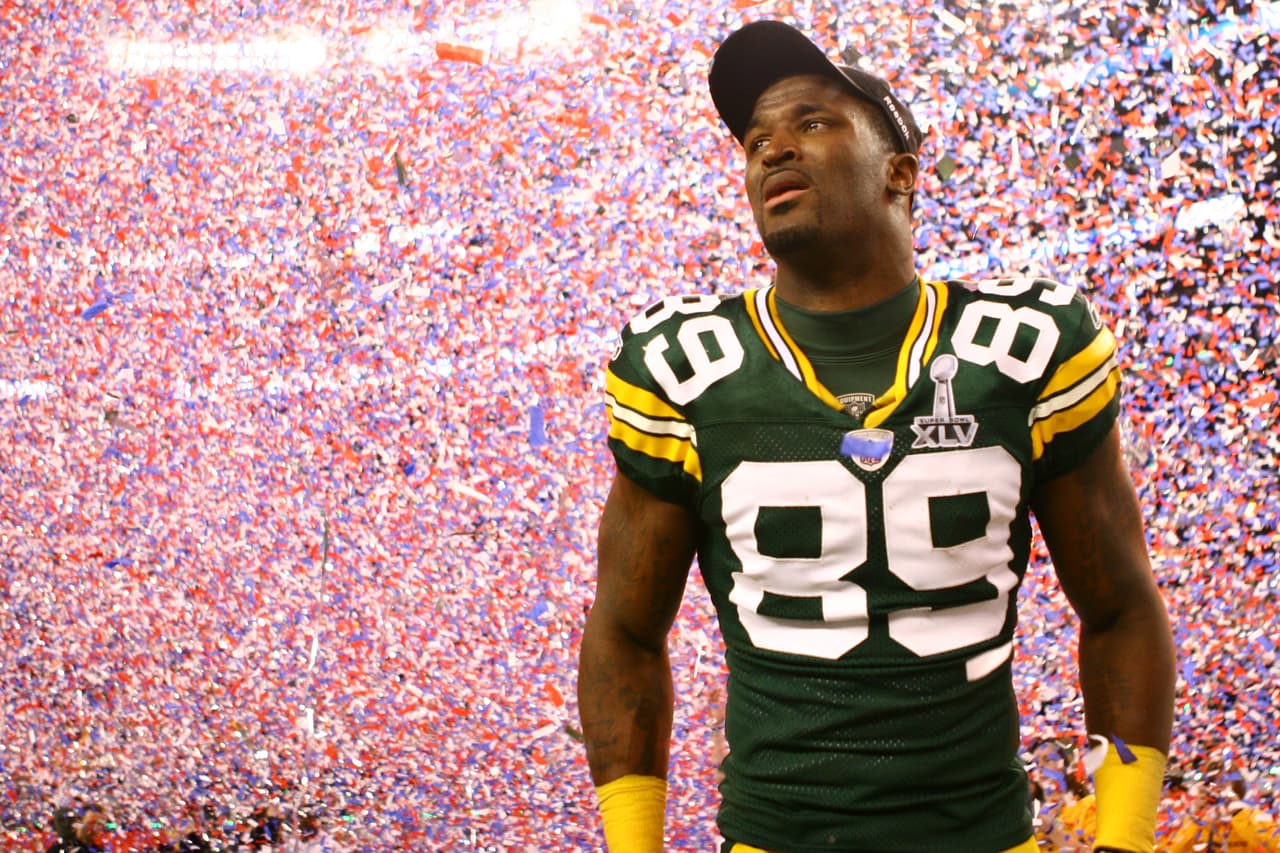 Green Bay Packers wide receiver James Jones celebrates after defeating the Pittsburgh Steelers at the NFL Super Bowl XLV at Cowboys Stadium in Arlington, Texas on Sunday, February 6, 2011. The Packers won 31 - 25. (AP Photo/Perry Knotts)