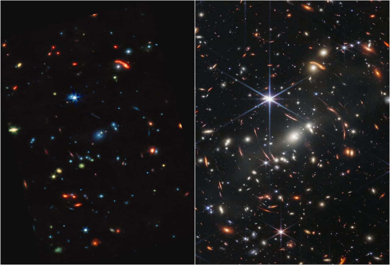 A la izquierda, una imagen captada por el telescopio Hubble; a la derecha, una captada por el James Webb en las que se puede observar la claridad de las imágenes.