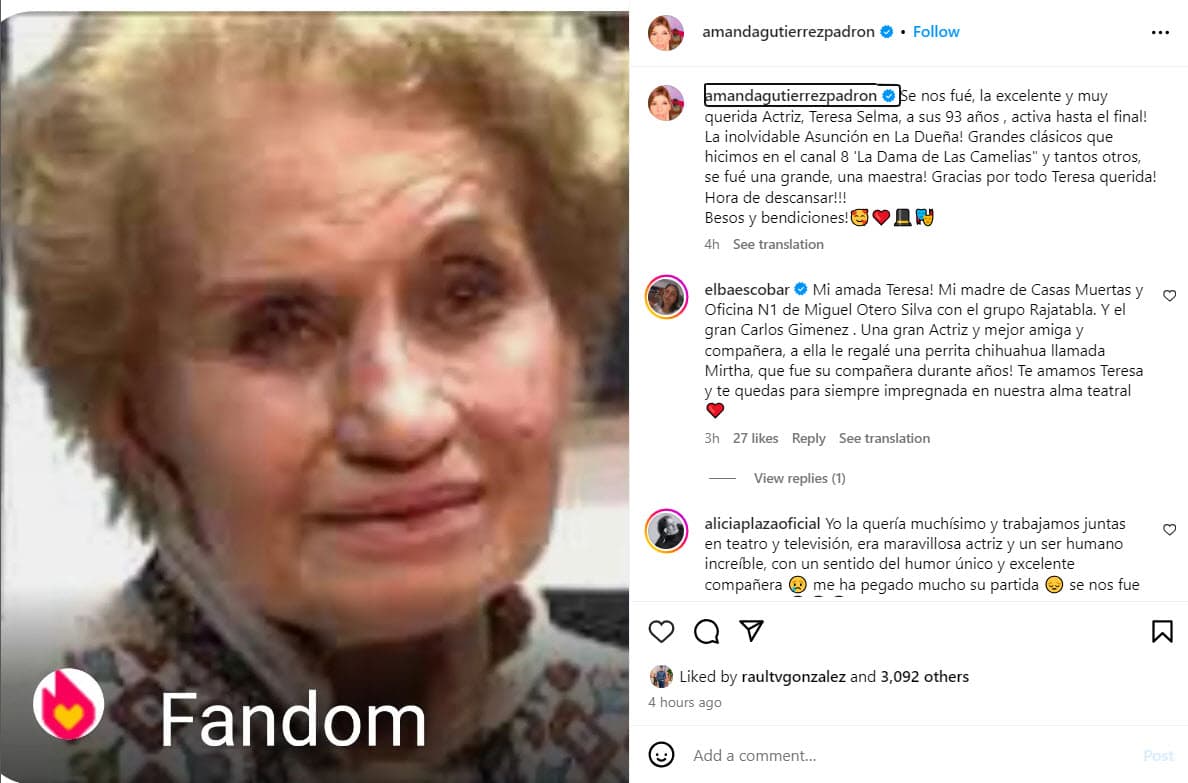 La actriz Amanda Guerrero lamentó la muerte de Teresa Selma, con quien compartió créditos en 'La Dueña'.