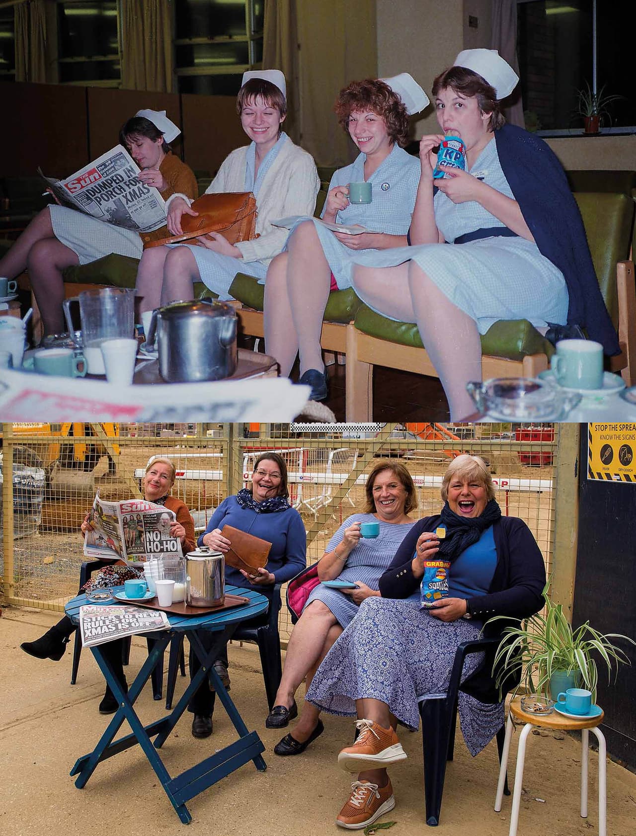 Esta particular y emotiva comparación de fotografías antiguas y nuevas significó para muchos una forma de viaje al pasado y la publicación de
<i>Reunions </i>fue reseñada en medios británicos y de todo el mundo. El proyecto se convirtió en un documento histórico de Peterborough.
<br>
<br>En la imagen las enfermeras Karen, Maggie, Anita y Jane, quienes solían tomar el té juntas en la madrugada cuando cubrían en el turno de noche en 1983. El fotógrafo las volvió a reunir en septiembre de 2020.
<br>