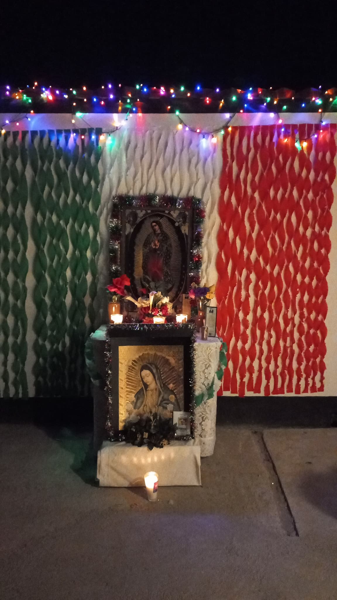 Un altar con los colores de la bandera de México de fondo, luces de colores navideñas y algunas flores, así es el altar de Eva Briseño.