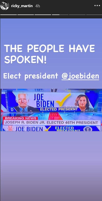 "La gente ha hablado", escribió
<b>Ricky Martin</b> en Instagram, quien desde el principio mostró su apoyo al candidato demócrata.