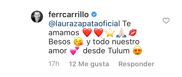 Carrillo no perdió oportunidad de devolverle el cumplido a Zapata. "Te amamos. Besos y todo nuestro amor desde Tulum".
<br>