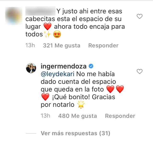 La observación cayó bien en Inger, quien contestó: "No me había dado cuenta del espacio que queda en la foto. ¡Qué bonito! Gracias por notarlo". 
<br>